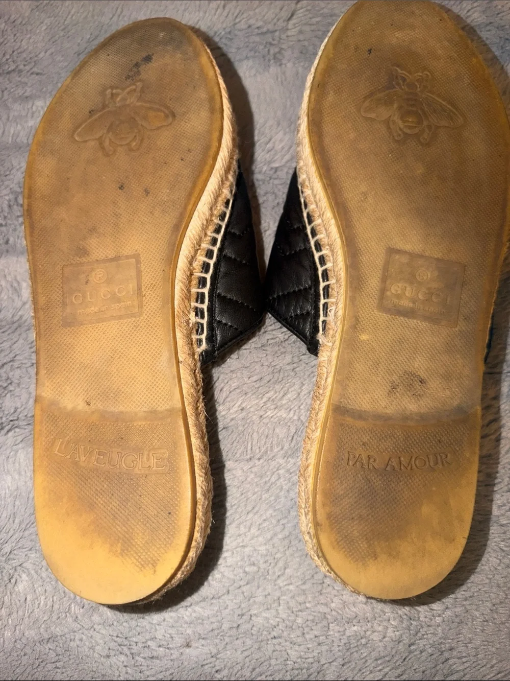 Preloved Gucci Black Quilted Leather Espadrille Mules with Gold GG size38